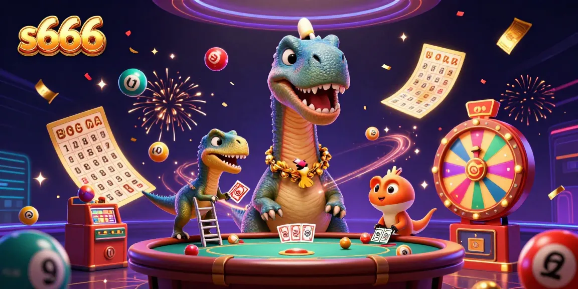 Engage with the vibrant world of s666 where a giant brontosaurus oversees a thrilling casino scene full of action.