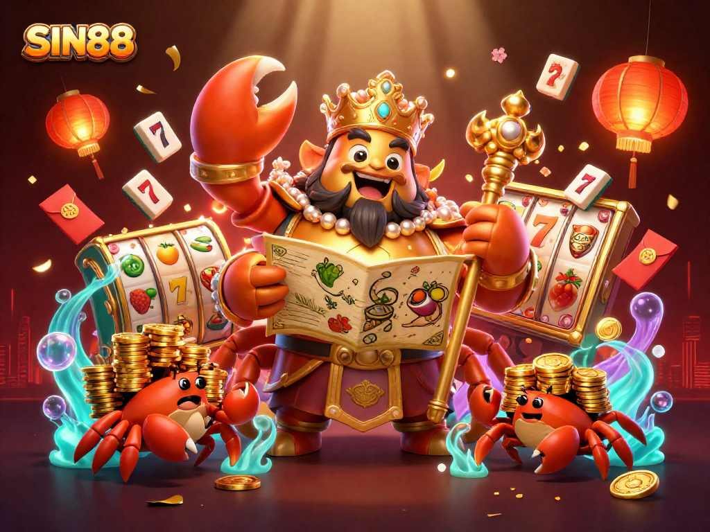 Experience the exciting SIN88 casino scene with a golden crab emperor and vibrant gaming elements.