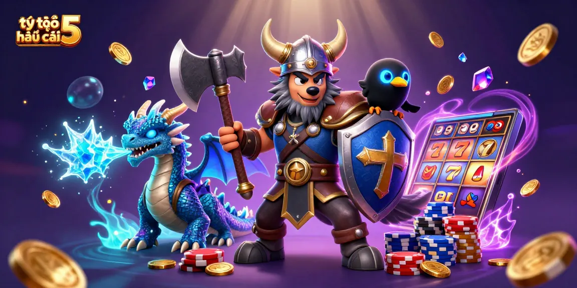 Play and win with tỷ lệ kèo nhà cái 5 in a vibrant 3D casino illustration featuring dynamic characters.