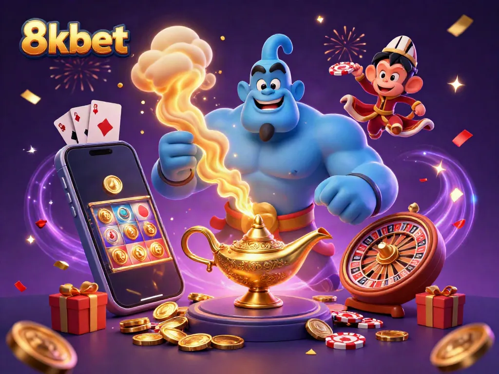 Experience the excitement of 8kbet with a vibrant 3D image of a magical casino scene featuring a genie, monkey, and slot game.