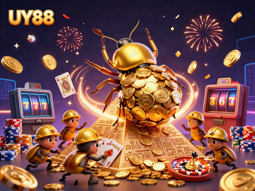 Experience the thrill at UY88 with a cartoon beetle theme rolling golden coins in a rich casino scene.