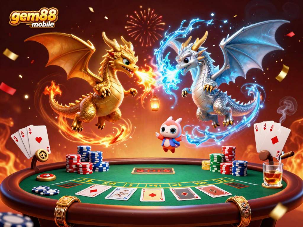 Engage in thrilling gameplay at gem88-mobile with dynamic dragons and poker scene.