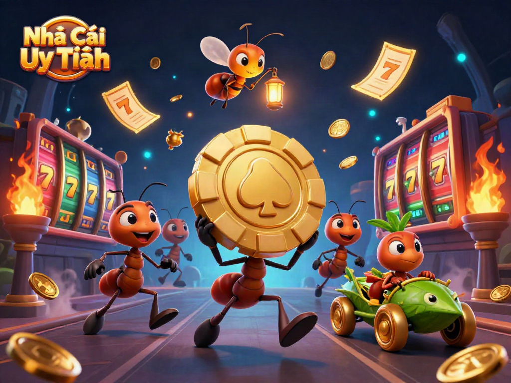 Team of animated ants pulling a giant poker chip in a vibrant casino scene for Nhà Cái Uy Tín promotion