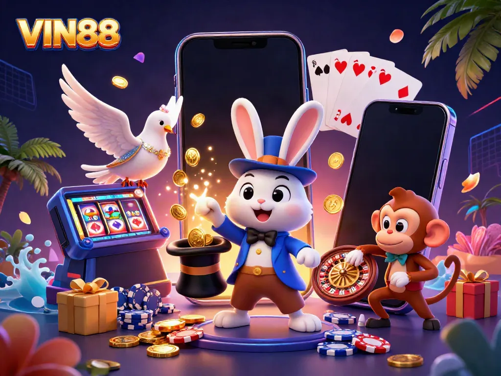 Experience the vibrant, interactive world of VIN88's gaming universe with a lively casino scene.