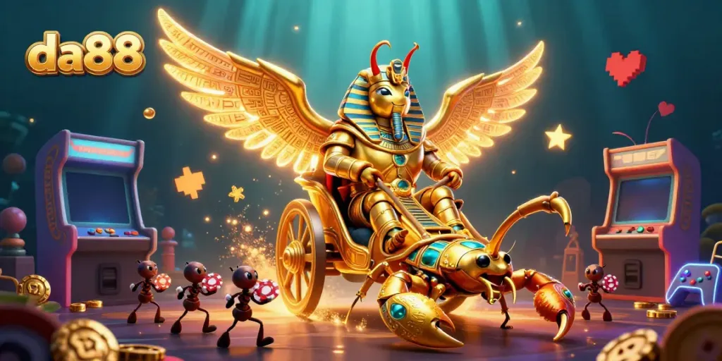 Experience the thrill of da88 in this vibrant casino scene featuring a golden beetle and scorpions.