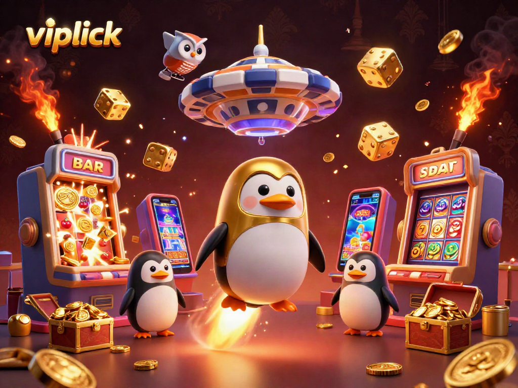 Vipluck showcases a golden penguin and casino elements in an explosive 3D illustration.