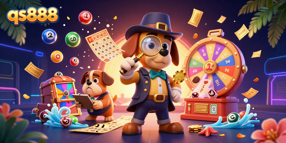 qs888 showcases a detective and companion exploring vibrant lottery elements in an exciting casino scene