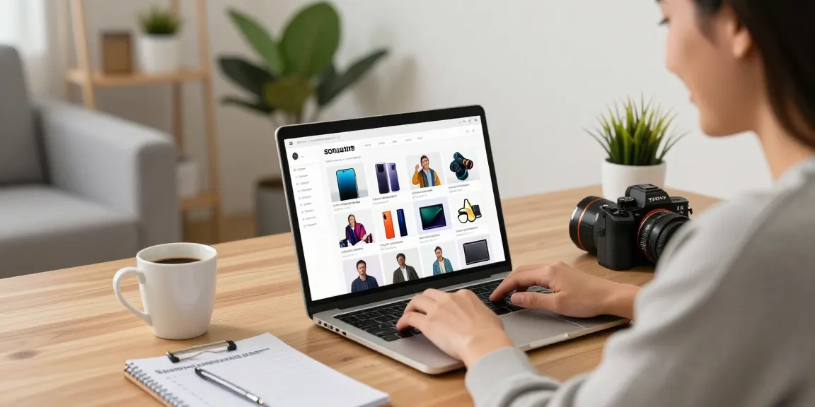 Online winkelen op sanumstore met een blije klant die producten vergelijkt.