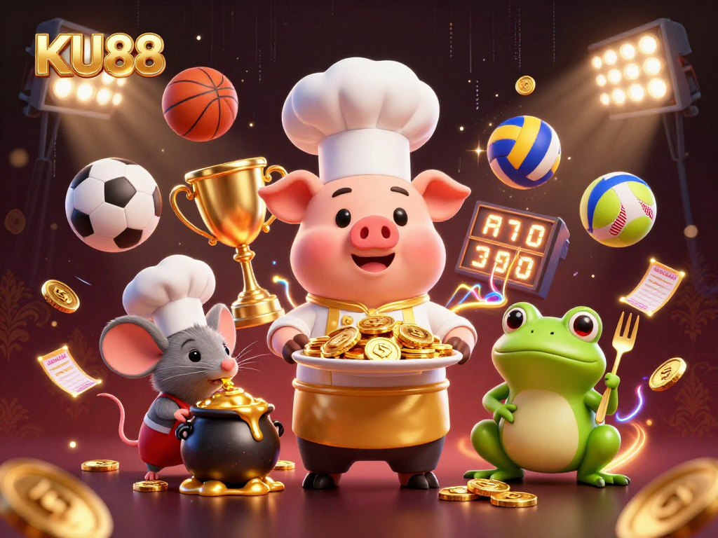 Engage with KU88 and win with vibrant sports betting elements in this 3D illustration.