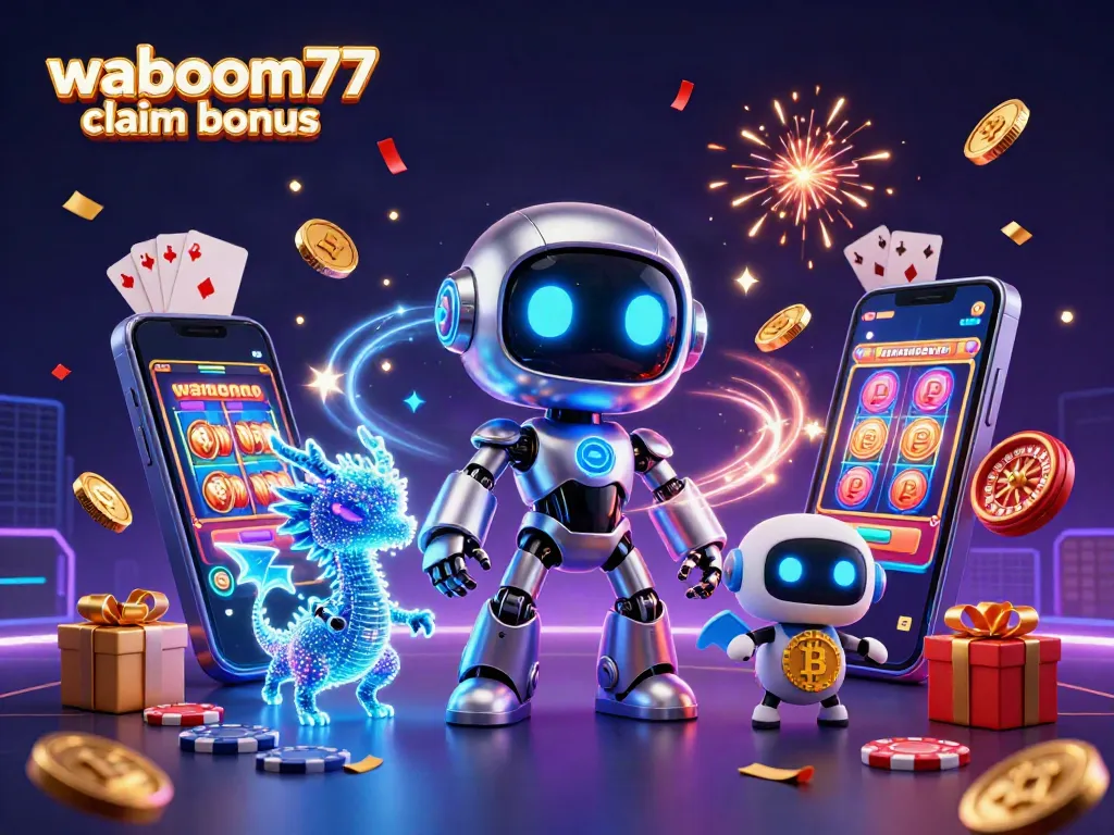 waboom77 claim bonus: Celebrate with a dazzling 3D illustration of a cyberpunk robot and magical gaming elements.