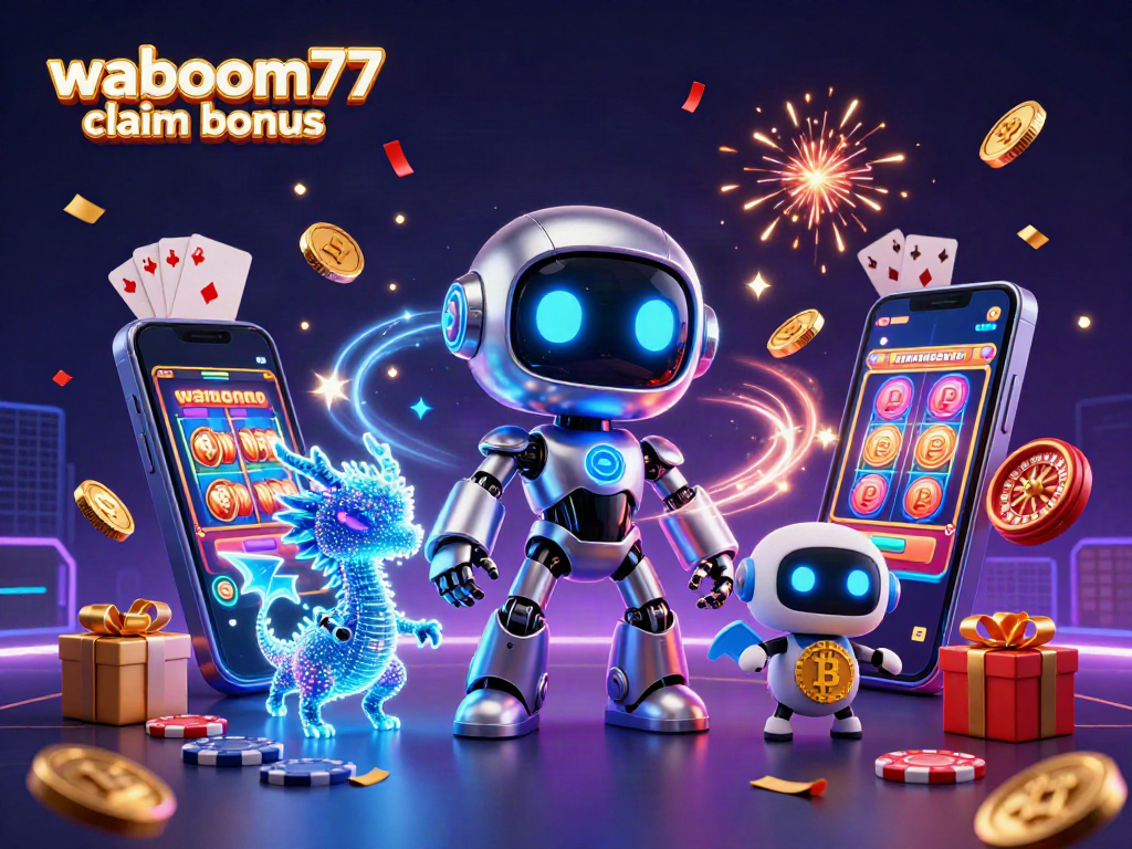 waboom77 claim bonus: Celebrate with a dazzling 3D illustration of a cyberpunk robot and magical gaming elements.