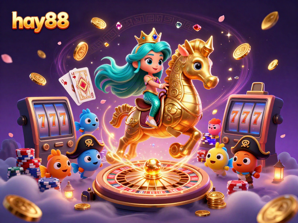 Experience the excitement of hay88 with a vibrant 3D casino scene featuring a mermaid, pirate fish, and gambling elements.