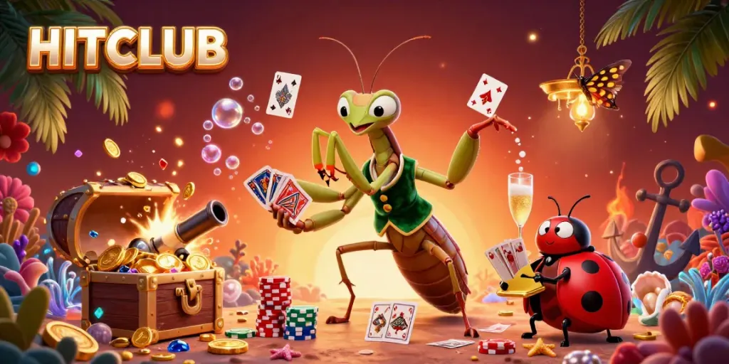 Experience HITCLUB excitement with a vibrant 3D scene of gambling action featuring animated characters and rich casino elements.