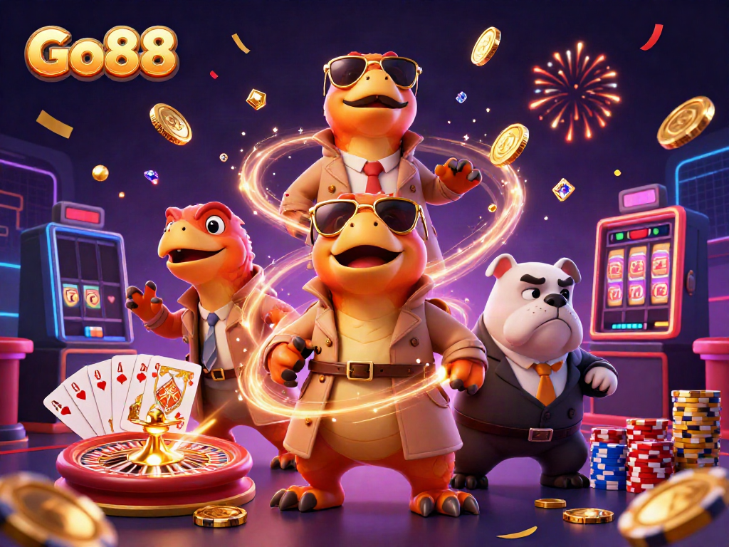 Experience thrill at Go88 as raptors sneak into a VIP casino lounge filled with gold coins and gems.