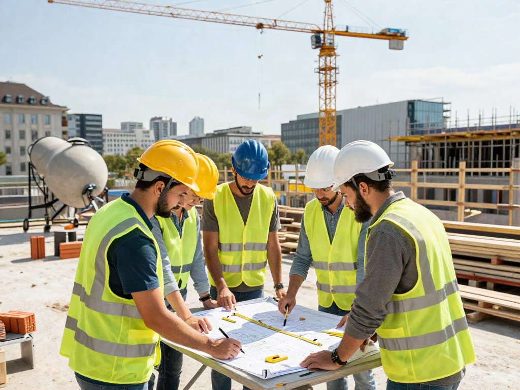 Professionelle Baufirma Wien bei Bauarbeiten am Wohnprojekt mit Team von Bauarbeitern.
