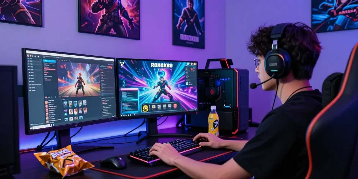 Engaged gamer in a vibrant setup showcasing ROKOK88 interface, modern gaming tools, and energetic atmosphere.