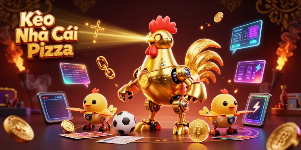 Kèo Nhà Cái Pizza offers an exciting sports betting theme with a futuristic golden rooster and baby chick drones, perfect for gamblers.