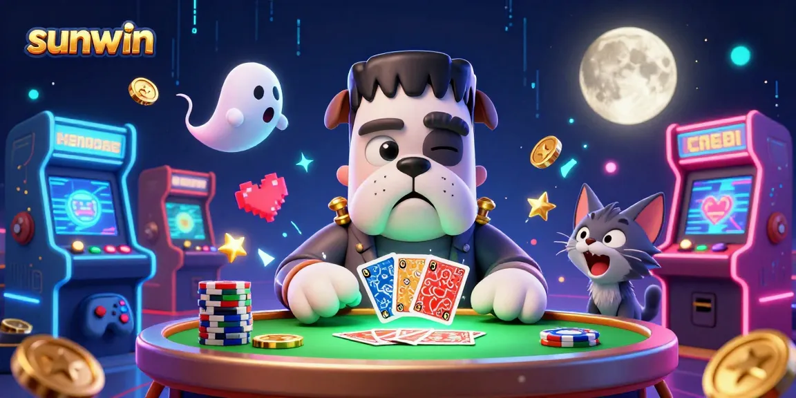 Experience thrilling gameplay with sunwin at a spooky casino table featuring a creative mix of characters.