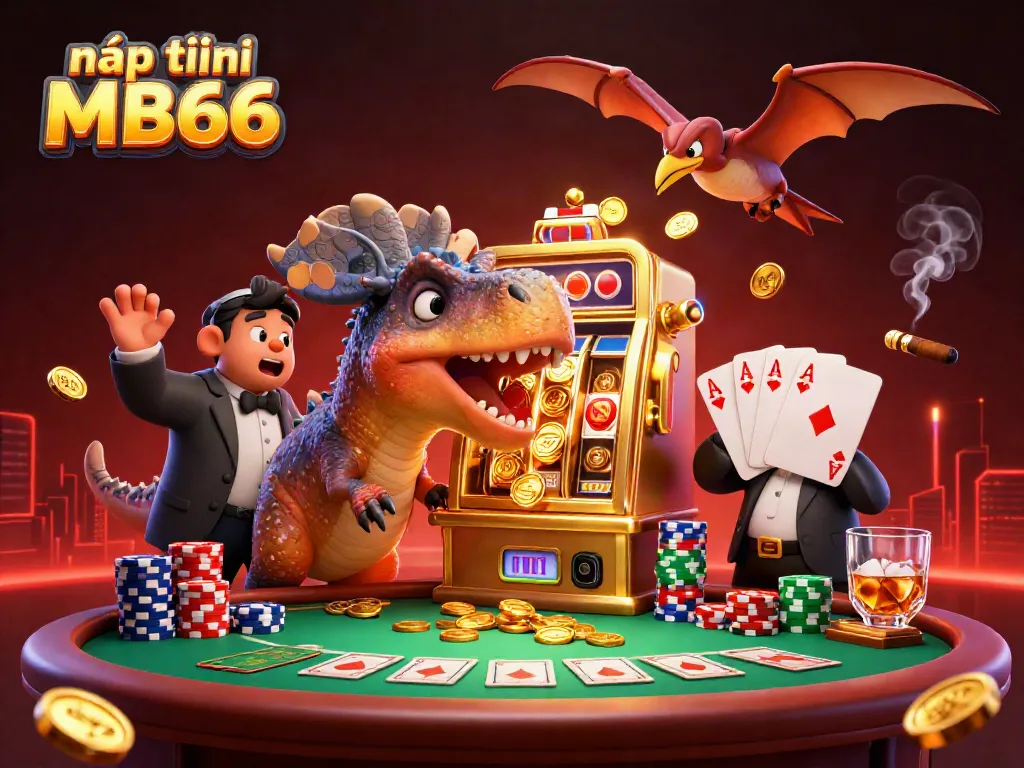 nạp tiền MB66 with a pachycephalosaurus at a golden slot machine, winning big coins in a vibrant casino