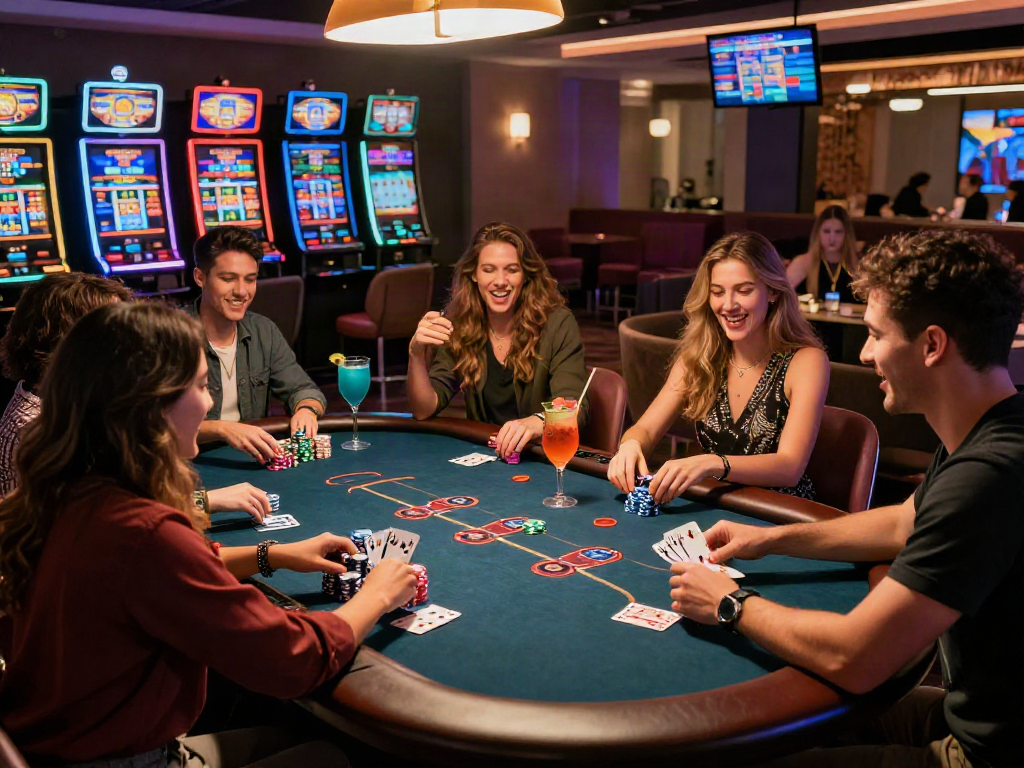 Celebration at a poker table featuring rokok88, vibrant casino lounge atmosphere.