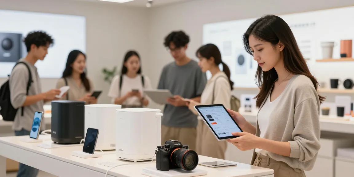 Shoppers exploring a range of high-quality Produkte in a chic e-commerce setting.