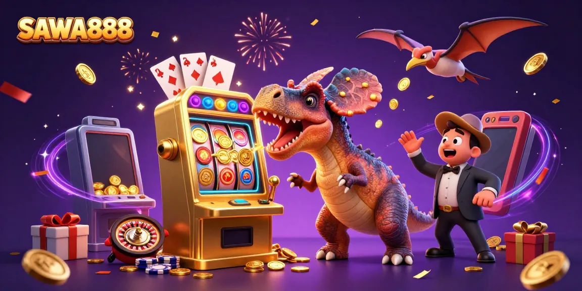SAWA888 showcases an exciting casino scene with dinosaurs interacting with golden slot machines and coins.