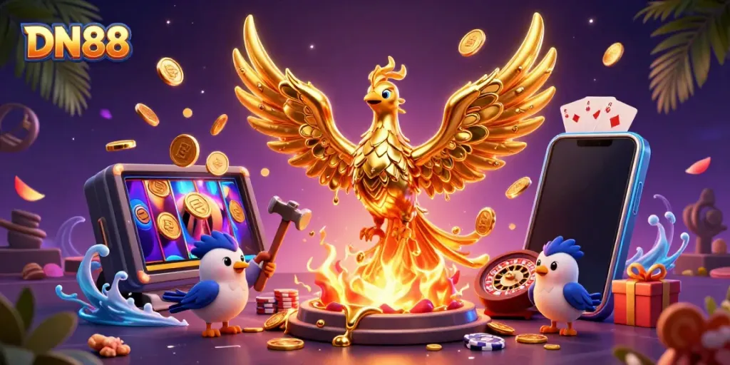 Engage with thrilling DN88 gaming action featuring a golden phoenix and dynamic casino elements.