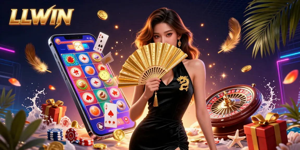 Engage with LLWIN's vibrant casino experience showing a stunning woman amidst colorful slot games and dynamic gaming elements.