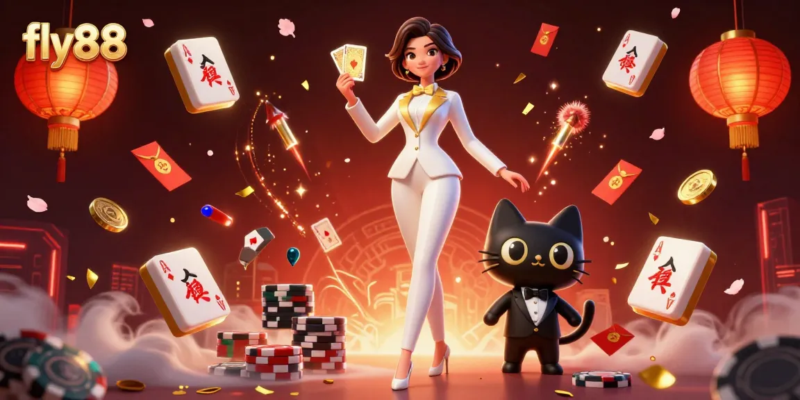 Experience thrilling gaming action with fly88, featuring a glamorous woman shuffling golden cards alongside a tuxedo cat.