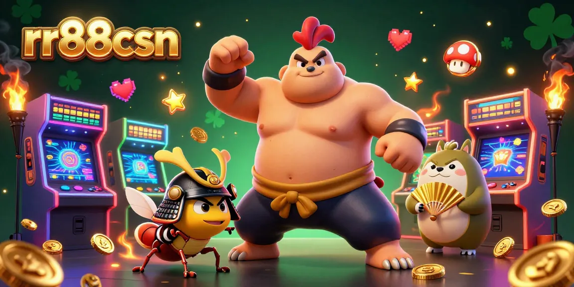 Engage in thrilling gameplay at rr88csn, featuring a powerful sumo rooster and vibrant casino elements.