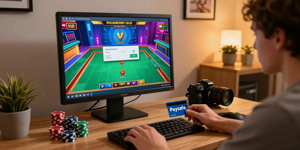 Spieler genießt Spiele in einem Paysafe Card Casino, lebhafte Online-Atmosphäre und Spielzubehör.