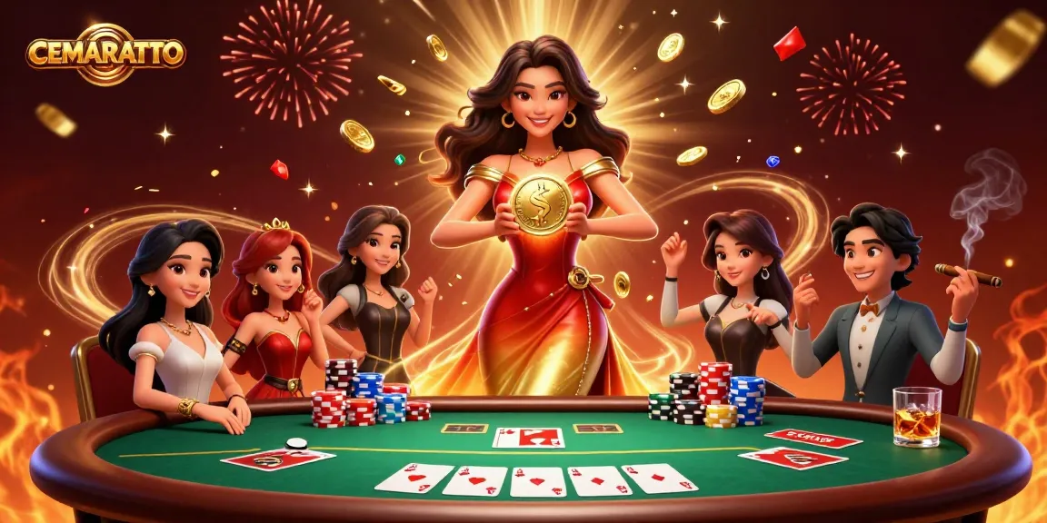 Engage in thrilling gameplay with CEMARATOTO, witnessing a glamorous character amid lavish casinos.