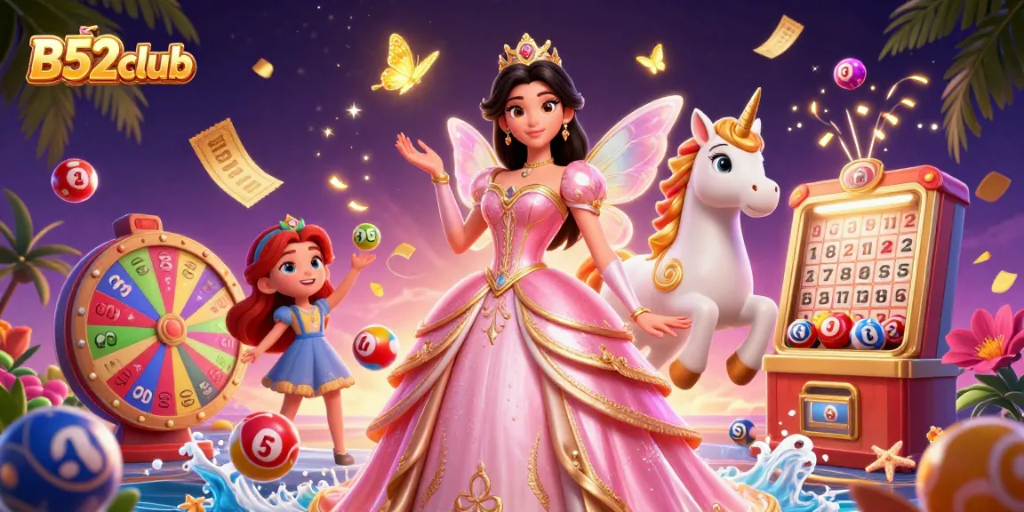 B52club showcases vibrant lottery action with a glamorous princess and a golden unicorn.