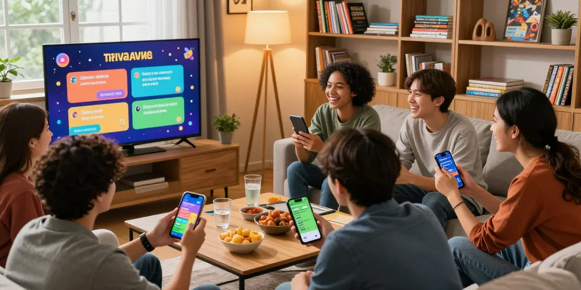 Group of friends enjoying Quiz Allgemeinwissen game night in a cozy living room.