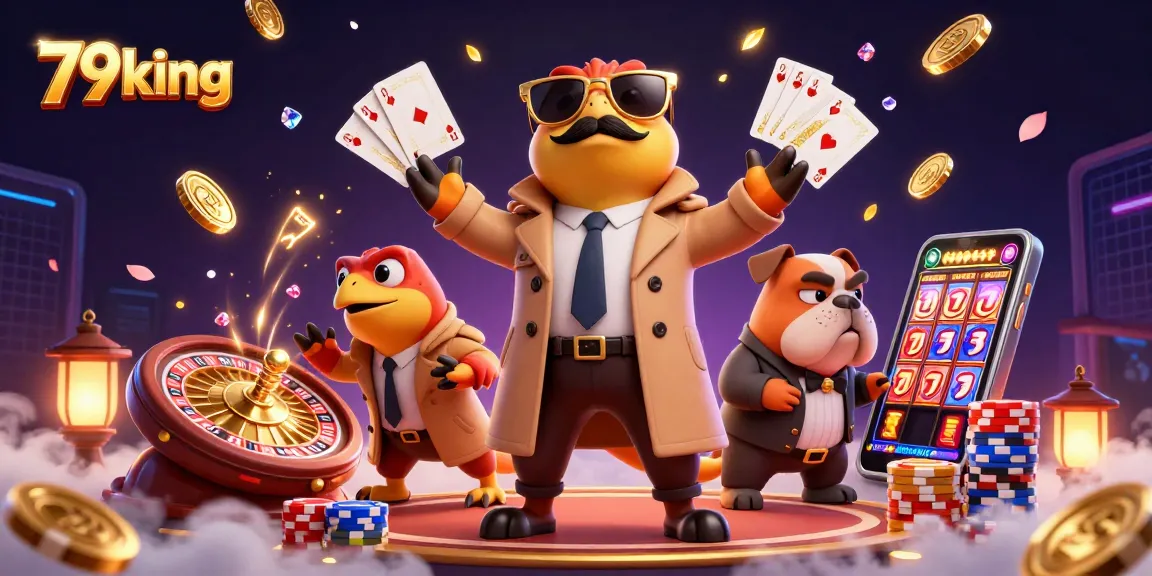 Engage with 79king's fun casino experience as three raptors cleverly disguise for entry, surrounded by thrilling gambling elements.