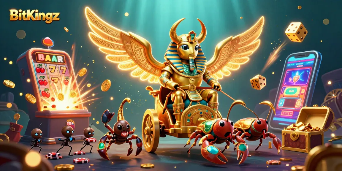 Bitkingz spannend erleben mit einem goldenen Skarabäus und Spielautomaten im Hintergrund.
