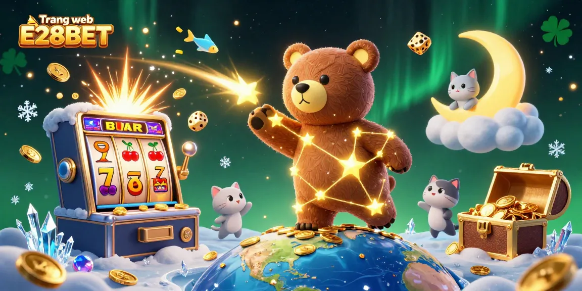 Experience the excitement of Trang web E28BET with a vibrant casino-themed illustration filled with gaming elements.