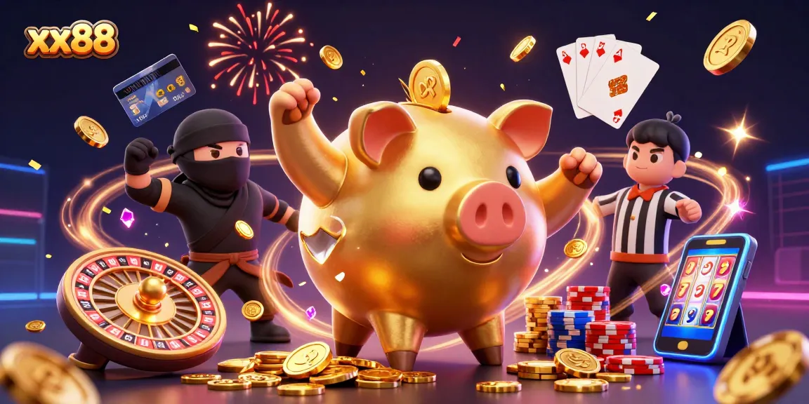 Experience exciting games at xx88 with vibrant golden piggy bank and thrilling casino elements.