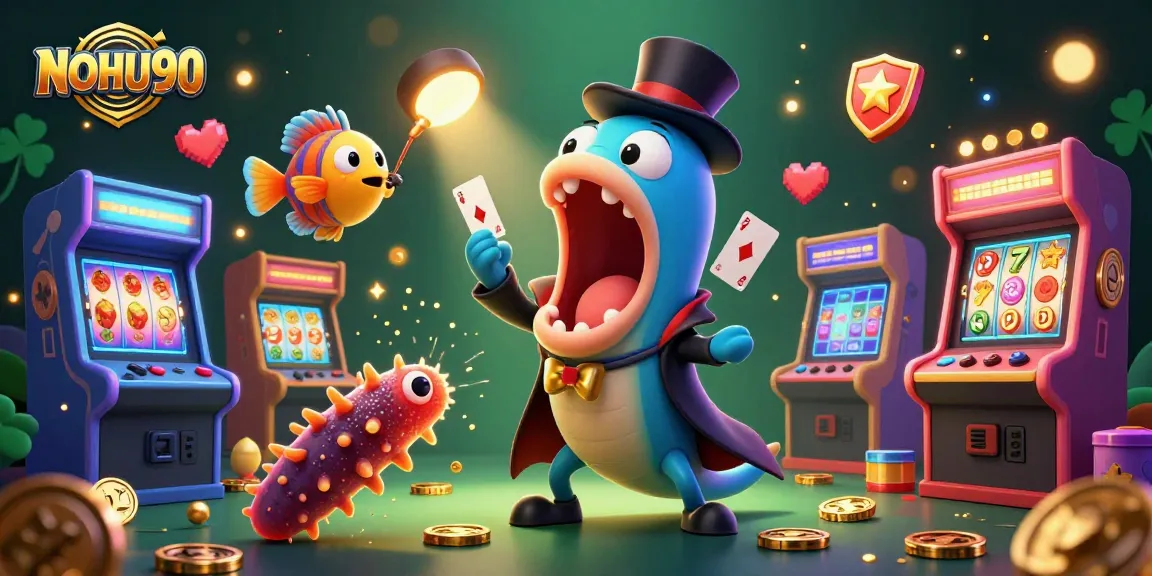 Engage with NOHU90's immersive casino world of slot reels, jackpot symbols, and vibrant characters.