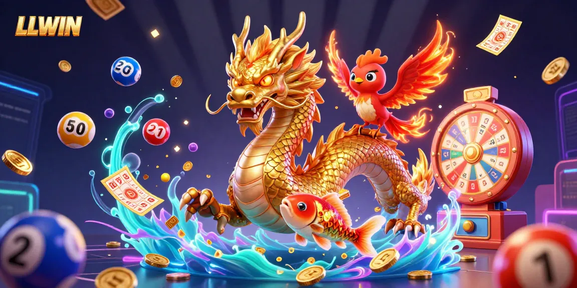 Engage in exciting wins at LLWIN, depicted with a golden dragon and phoenix surrounded by coins and colorful balls.