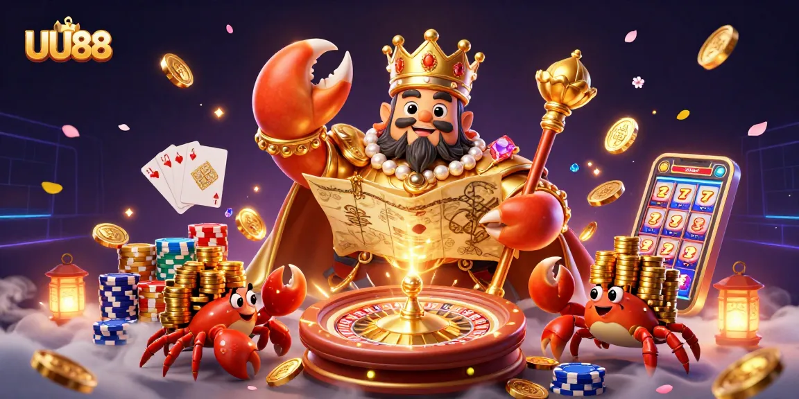 Experience thrilling gaming action with UU88's vibrant casino-themed illustration full of treasures.