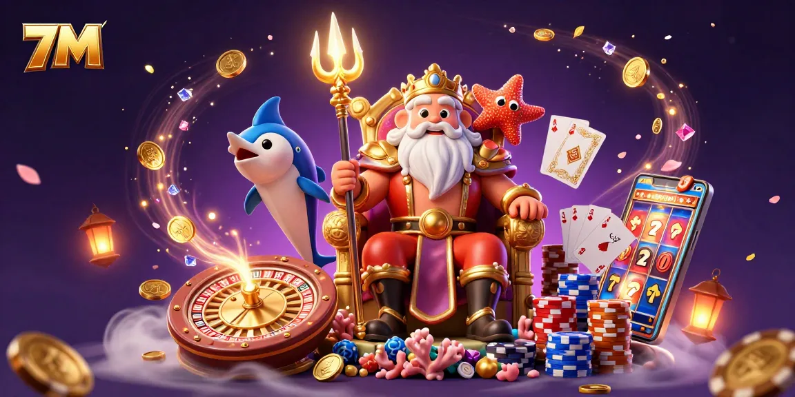 Spin the 7M roulette wheel surrounded by treasure and Neptune's guard in a vibrant casino scene.