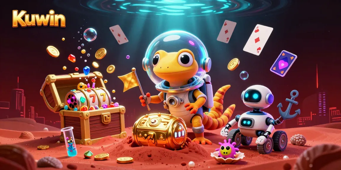 Kuwin casino scene with a Martian gecko, gold treasures, and vibrant gaming elements