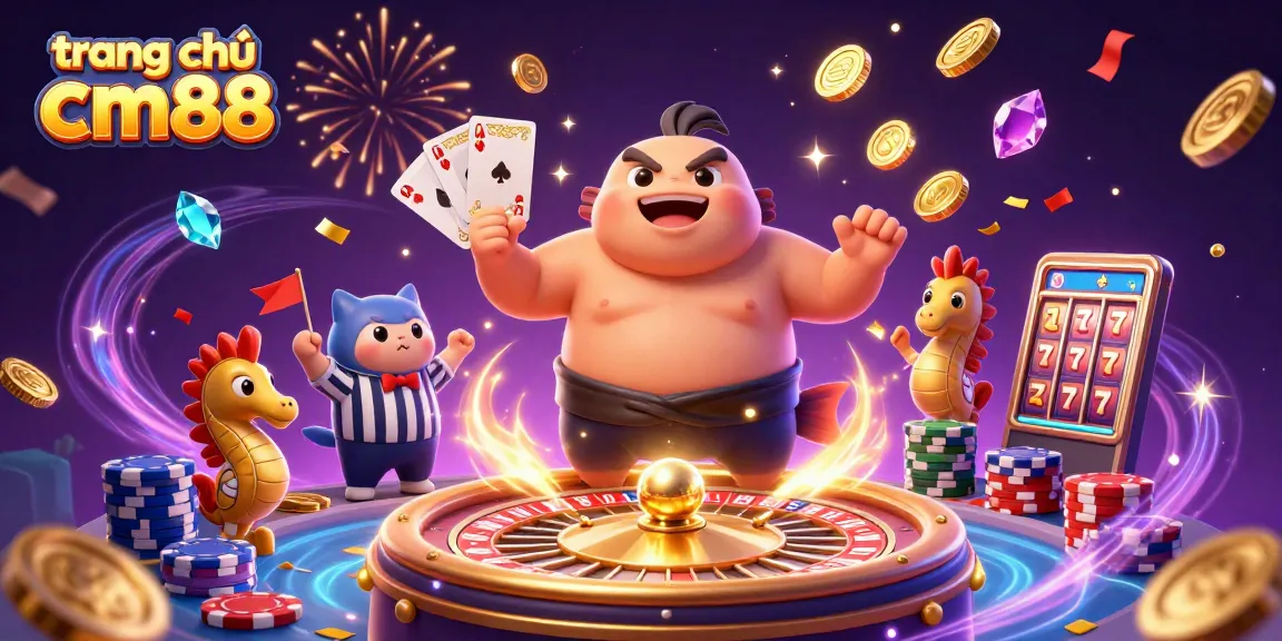 Experience excitement at trang chủ cm88 with this vibrant underwater casino scene featuring a blowfish and wise catfish.