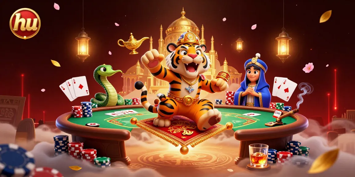 Engage with thrilling slots at hu, surrounded by vibrant poker chips and a tiger sultan.