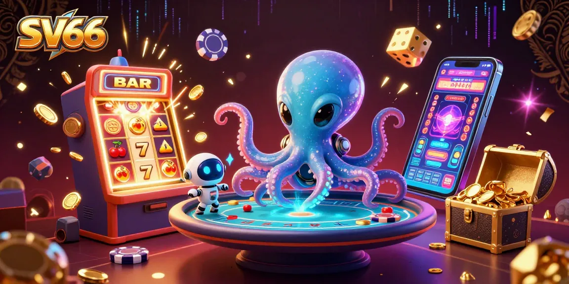 Experience SV66 with an intergalactic casino scene featuring an alien octopus and vibrant gaming elements.