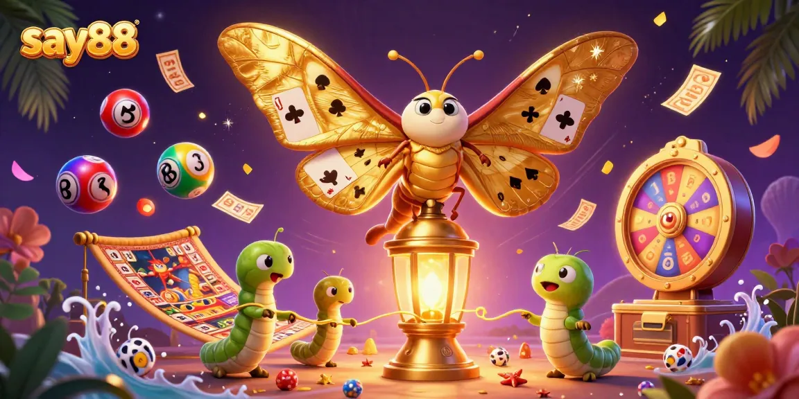 Engage with say88's vibrant casino scene featuring a majestic moth and dynamic lottery elements.