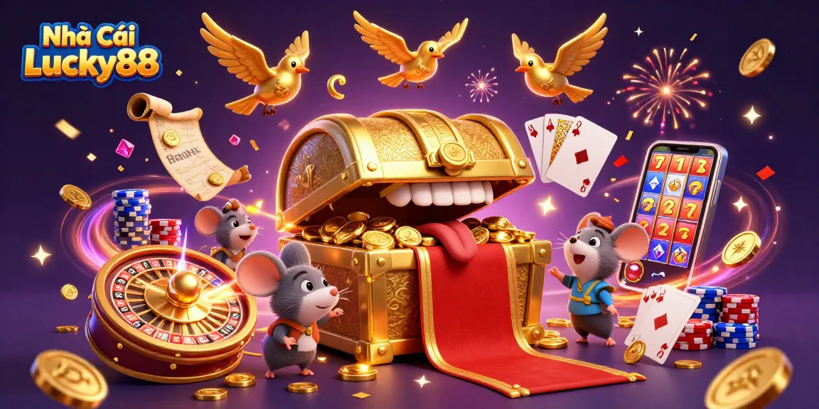 Experience the excitement of Nhà Cái Lucky88 with a vibrant casino scene featuring treasures and games.
