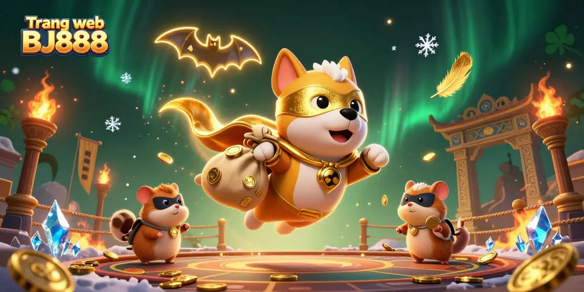 Engage with the vibrant adventure at Trang web BJ888 in this dynamic 3D illustration featuring a superhero dog and hamster.
