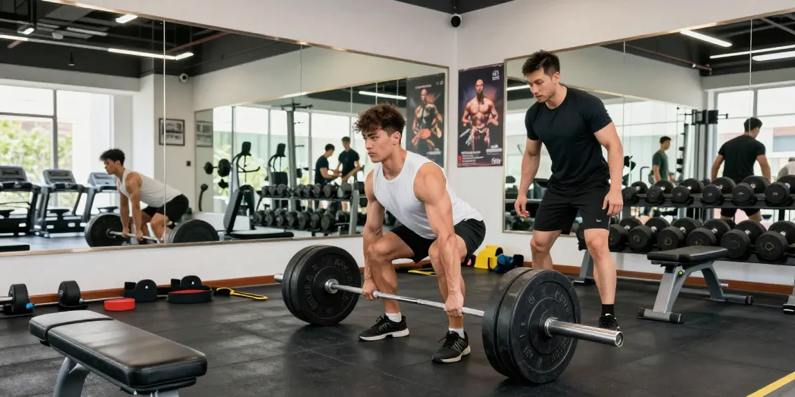 Ein Bodybuilder im Anabolika Shop beim Krafttraining, der mit Gewichten trainiert und von einem Trainer unterstützt wird.